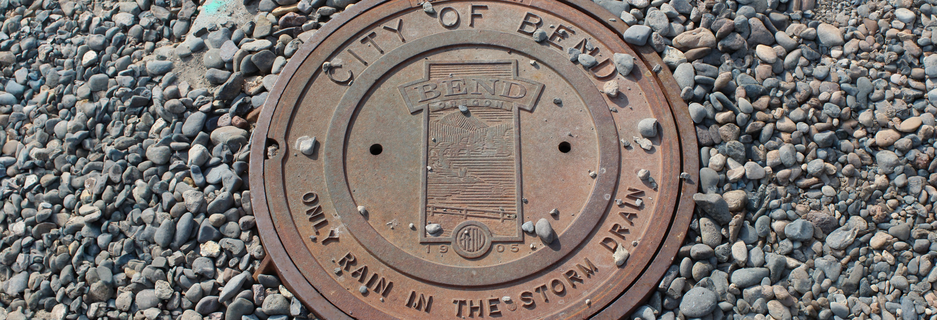 Utility hole service cover with text that says only rain in the storm drain.