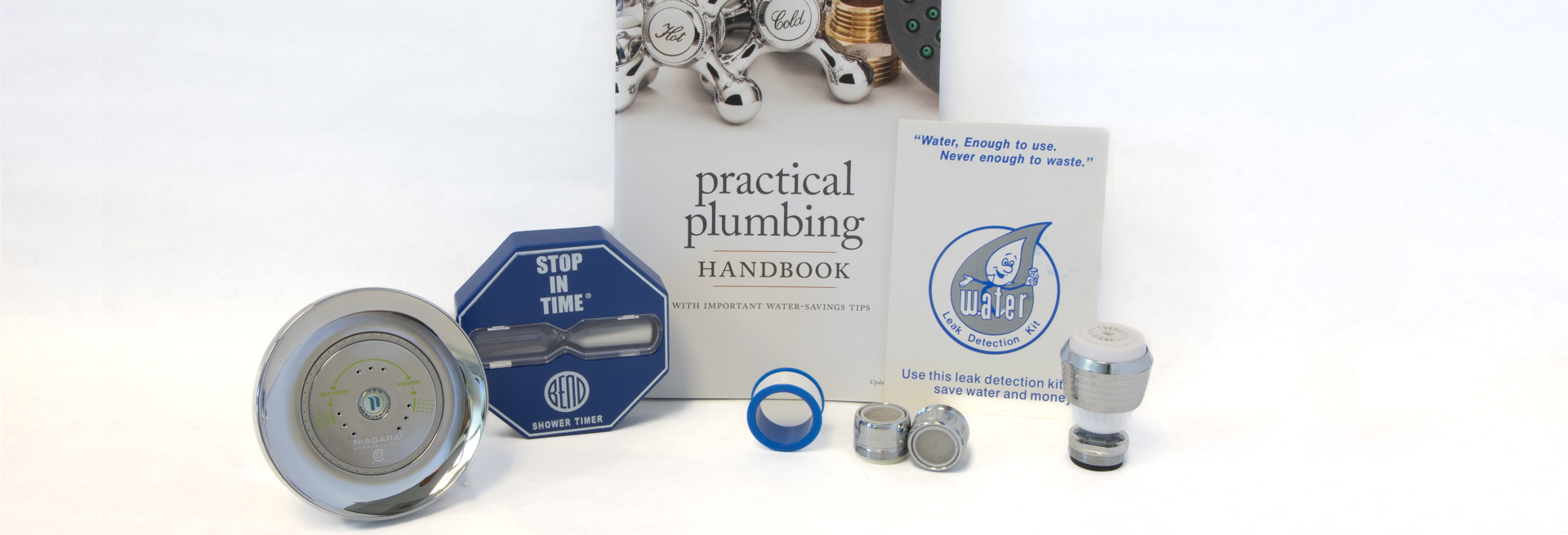 Water conservation kit items: shower head, faucet, booklet, and more.