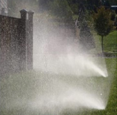Mistiung sprinklers spraying excessive water on green grass.
