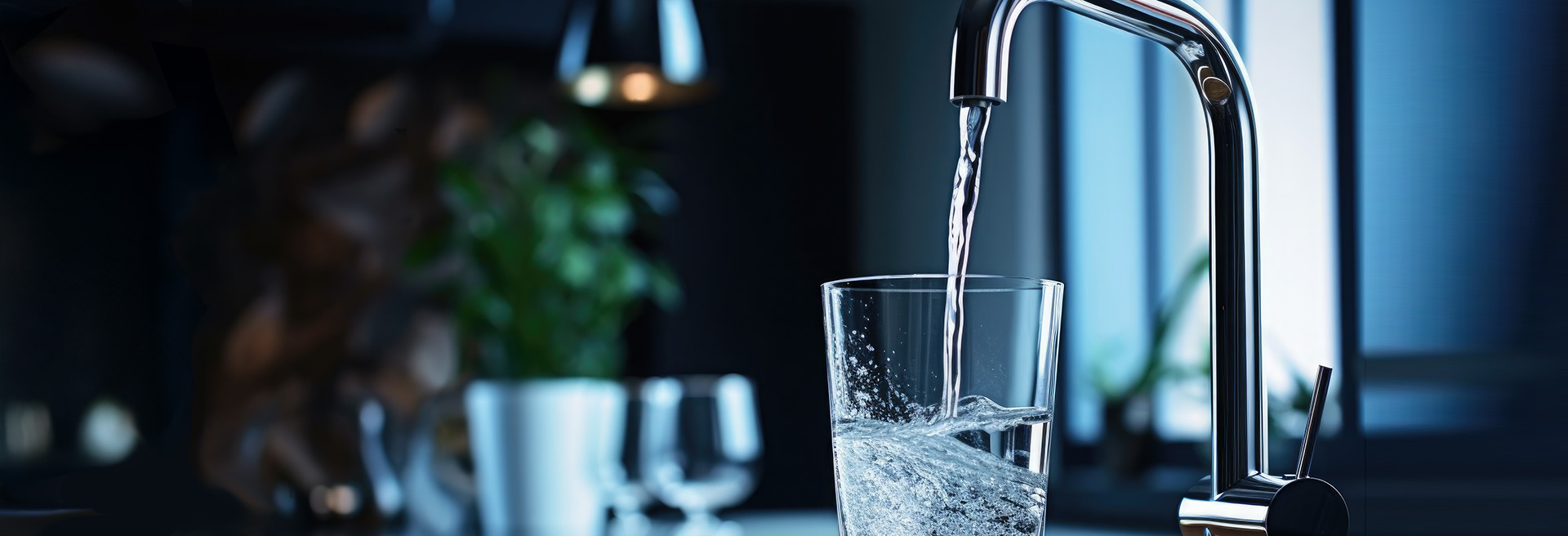 Kitchen faucet pouring water into a sink. Faded dark colored background behind.