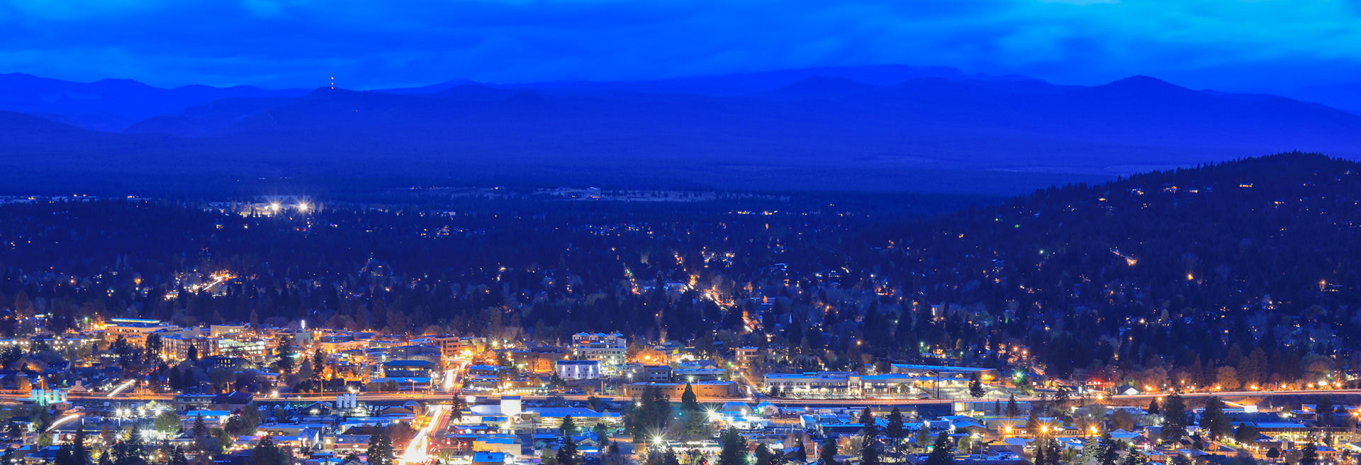 City of Bend overhead looking west during a rainstorm.