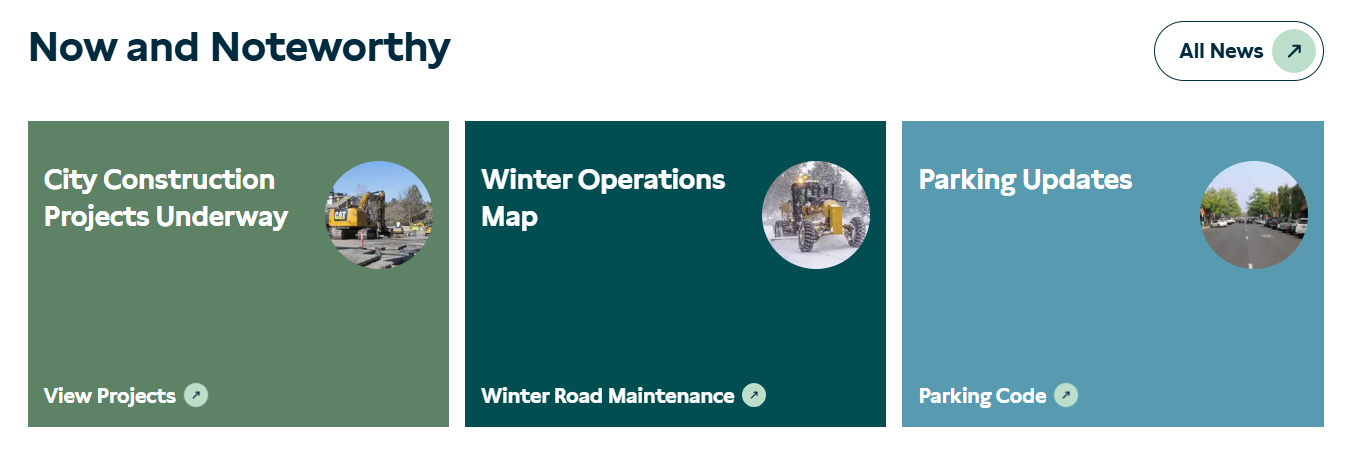 Screenshot of the "Now and Noteworthy" section on the homepage.