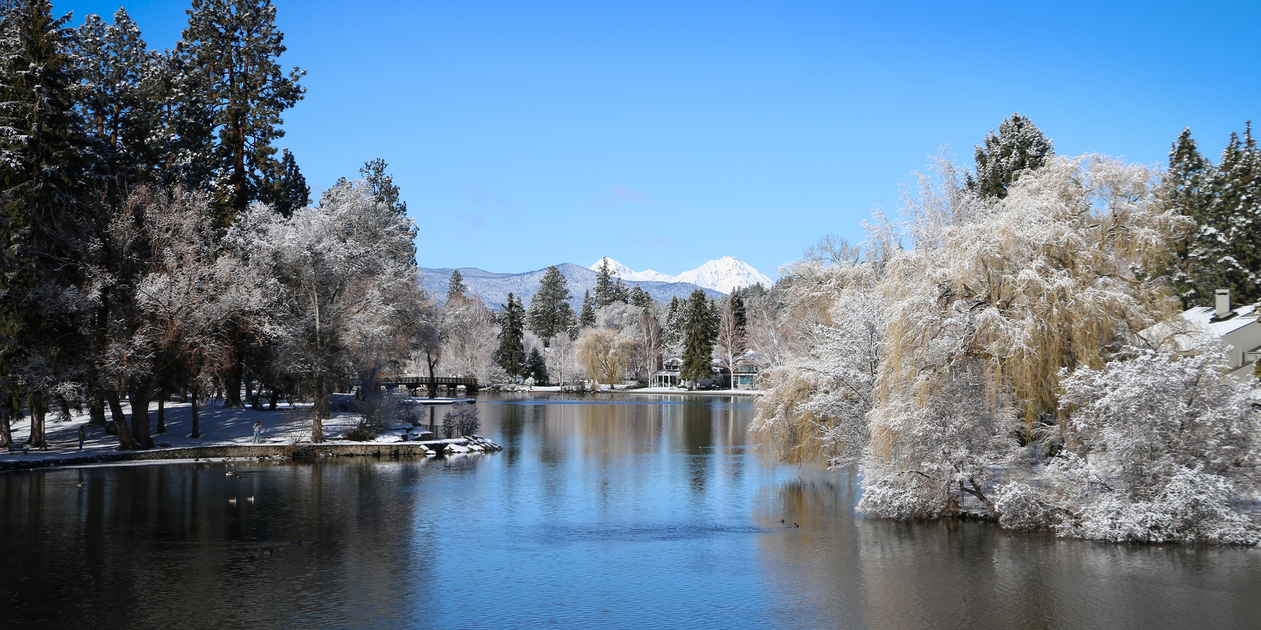 Mirror Pond on a sunny, frosty day.