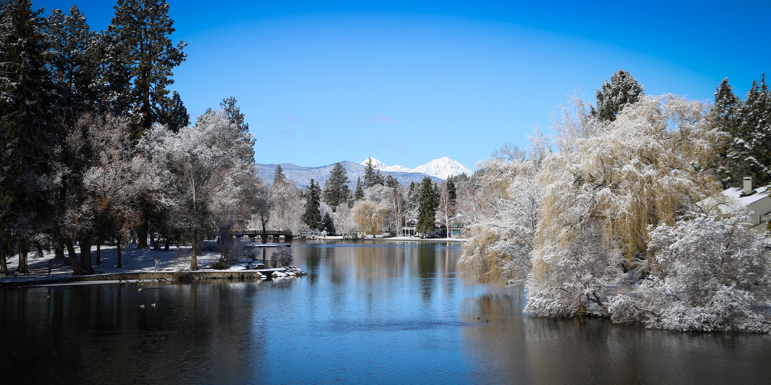 Mirror Pond on a sunny, frosty day.