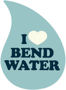 Stylized water drop with I (heart) Bend water written in it.
