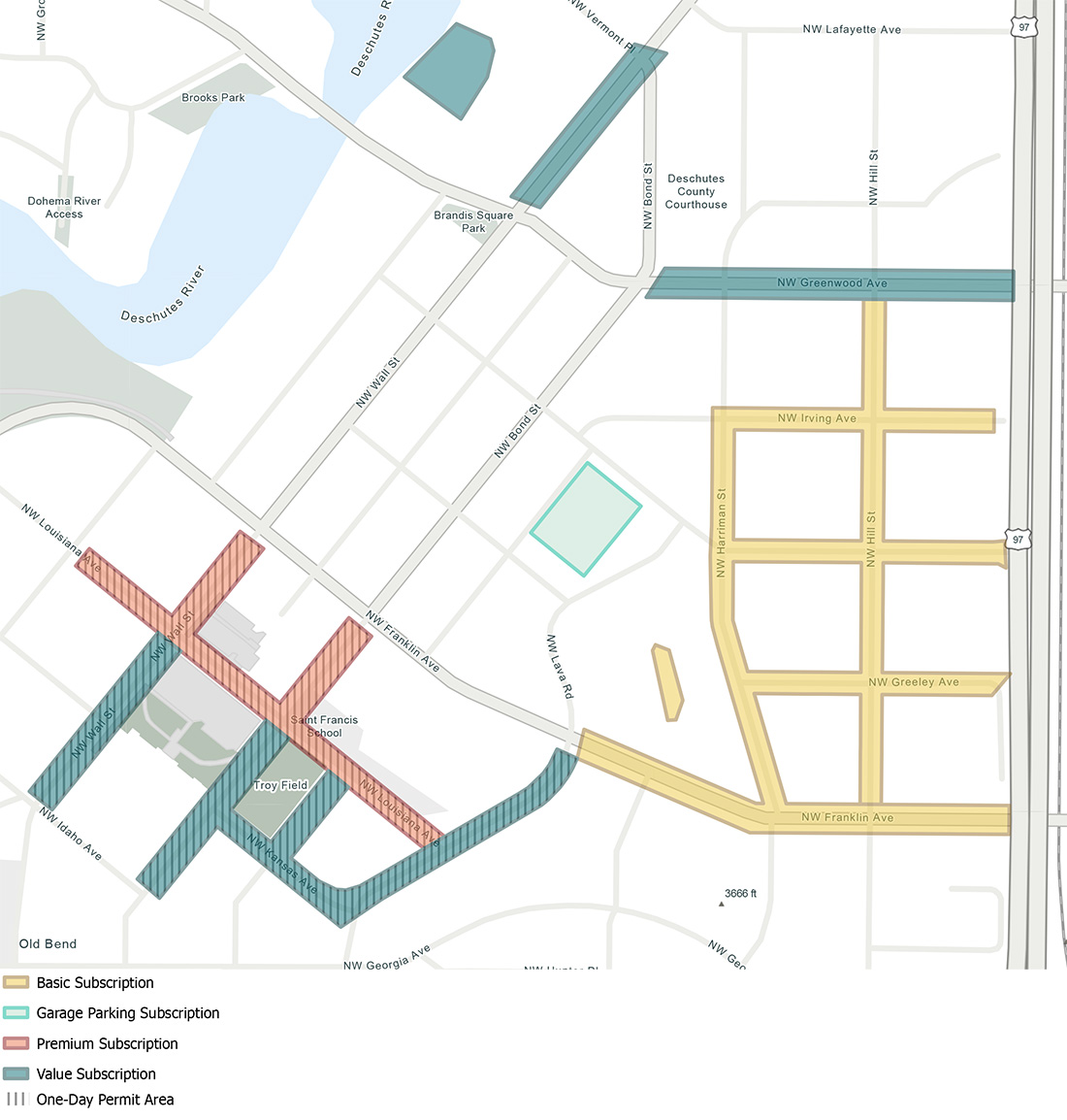 Map showing parking permit areas in Downtown Bend.