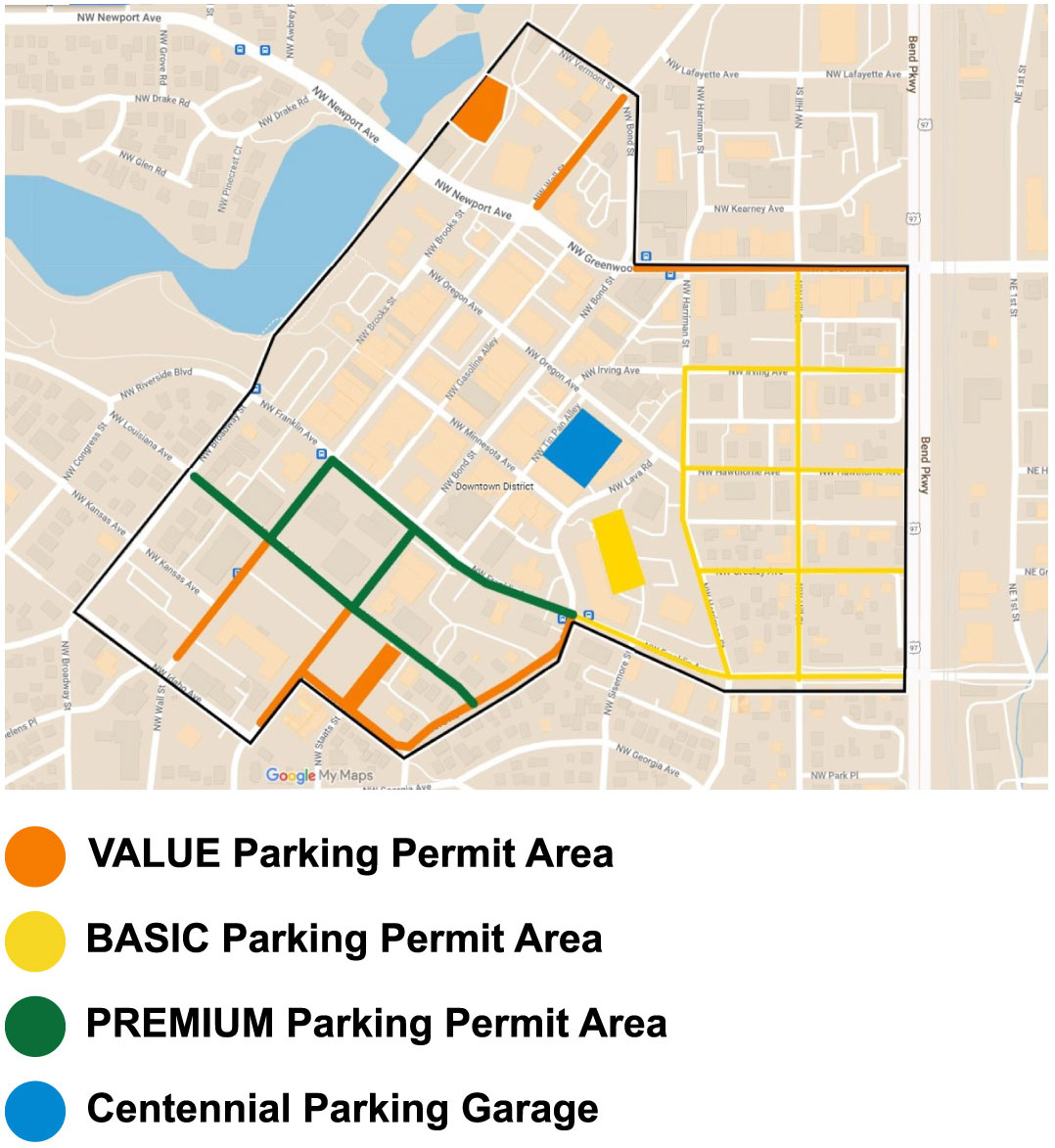 Map showing parking permit areas in Downtown Bend.
