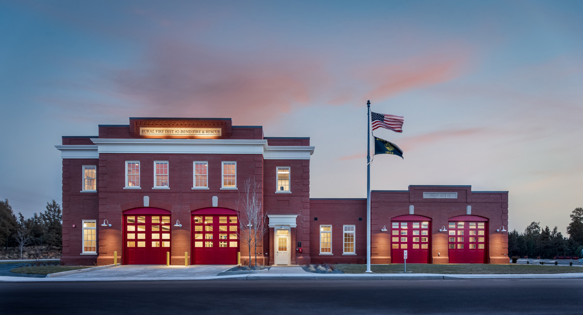 Fire station at sunset.