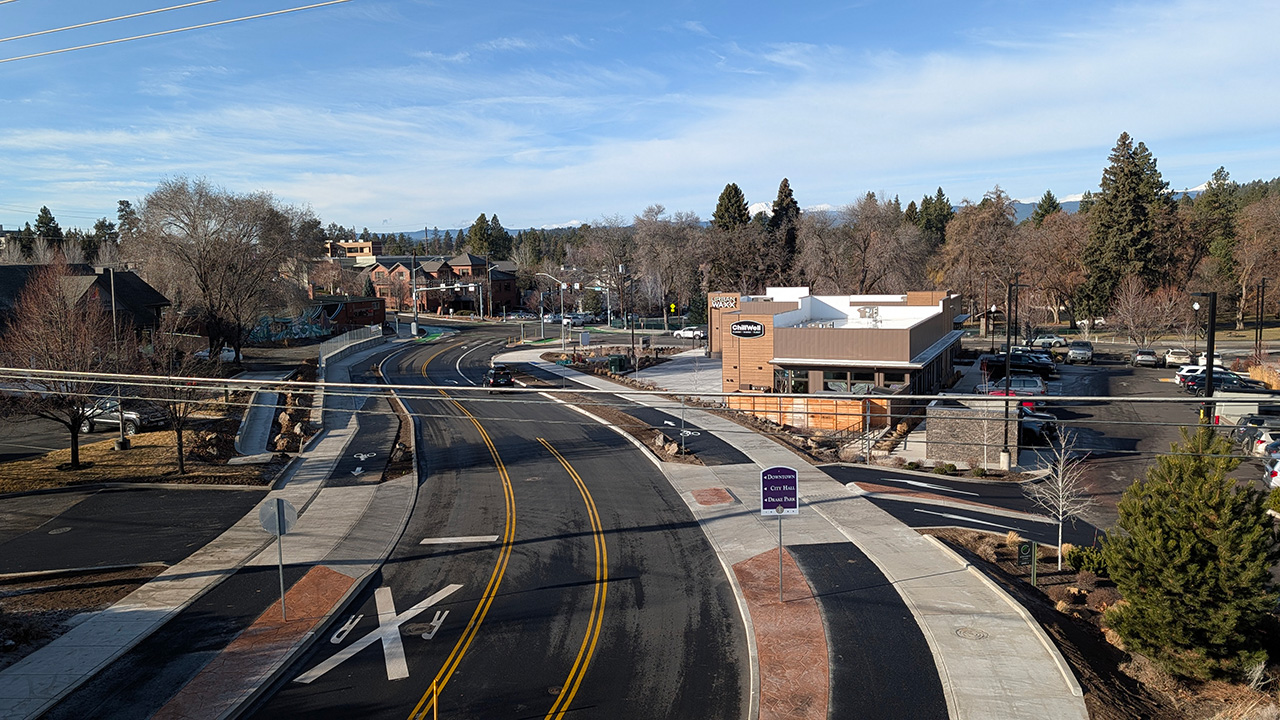 Intersection of Olney and Wall near Downtown Bend.