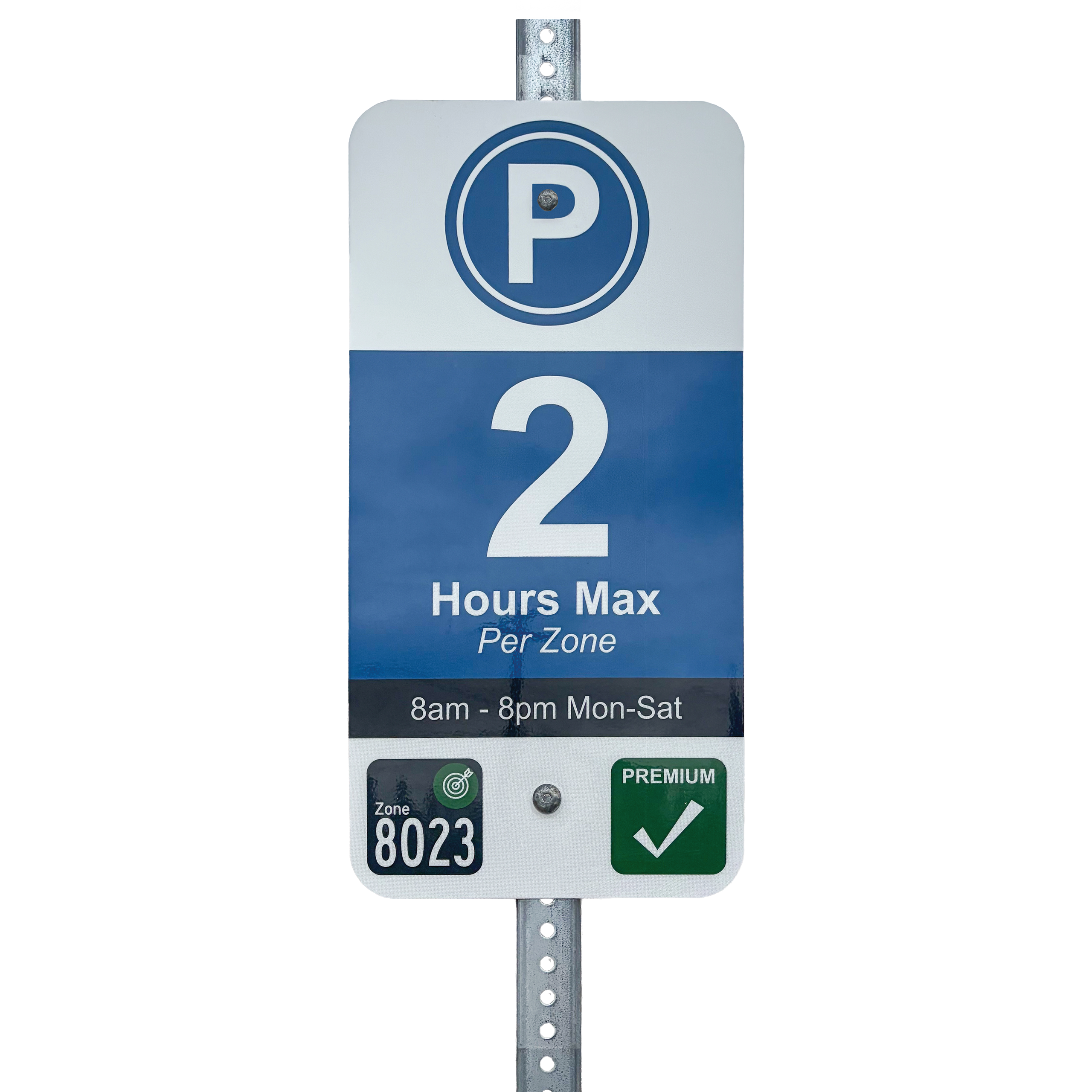 Bend street parking sign indicating a location where you can park free 2 hours max per zone, it is enforced 8 a.m. - 8 p.m. Mon-Sat. The parking zone is 8023 and is a Premium parking permit zone.