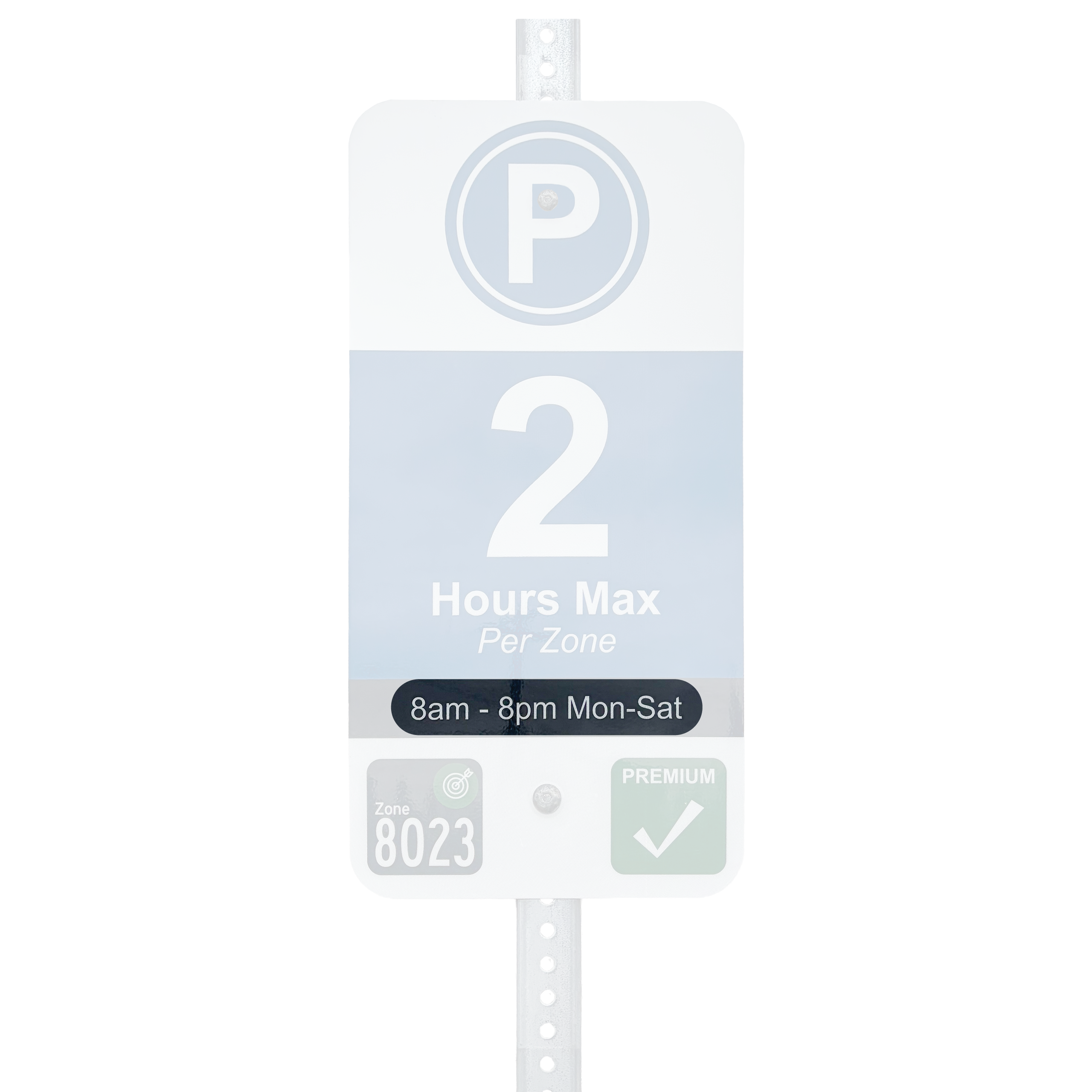 Bend Street Parking sign highlighting enforcement hours: 8 a.m. to 8 p.m., Monday through Saturday.