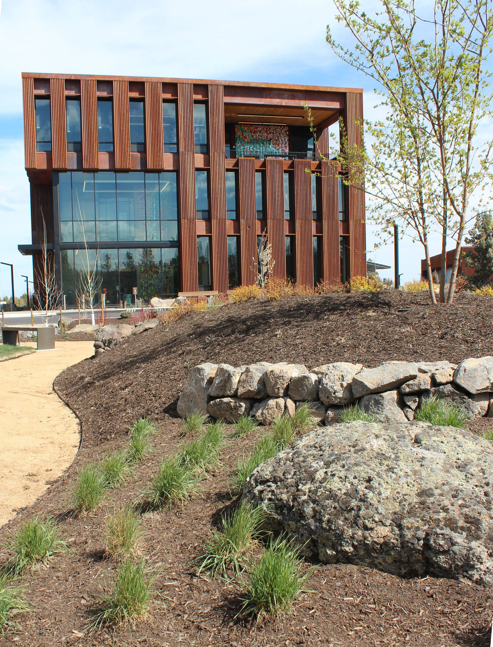 A building rises behind a planted low water garden area