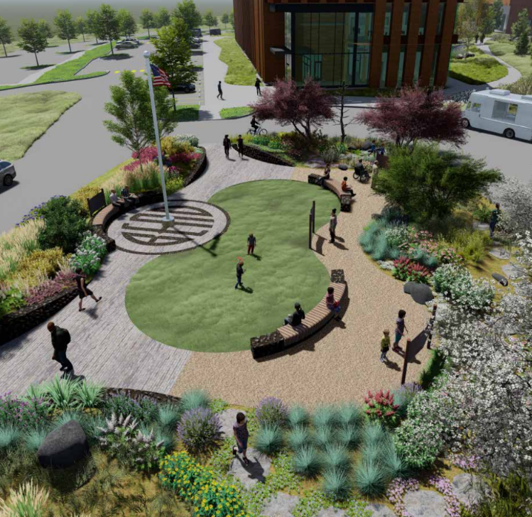 Rendering showing a low-water garden with plants, a small turf area and hardscape and seating area