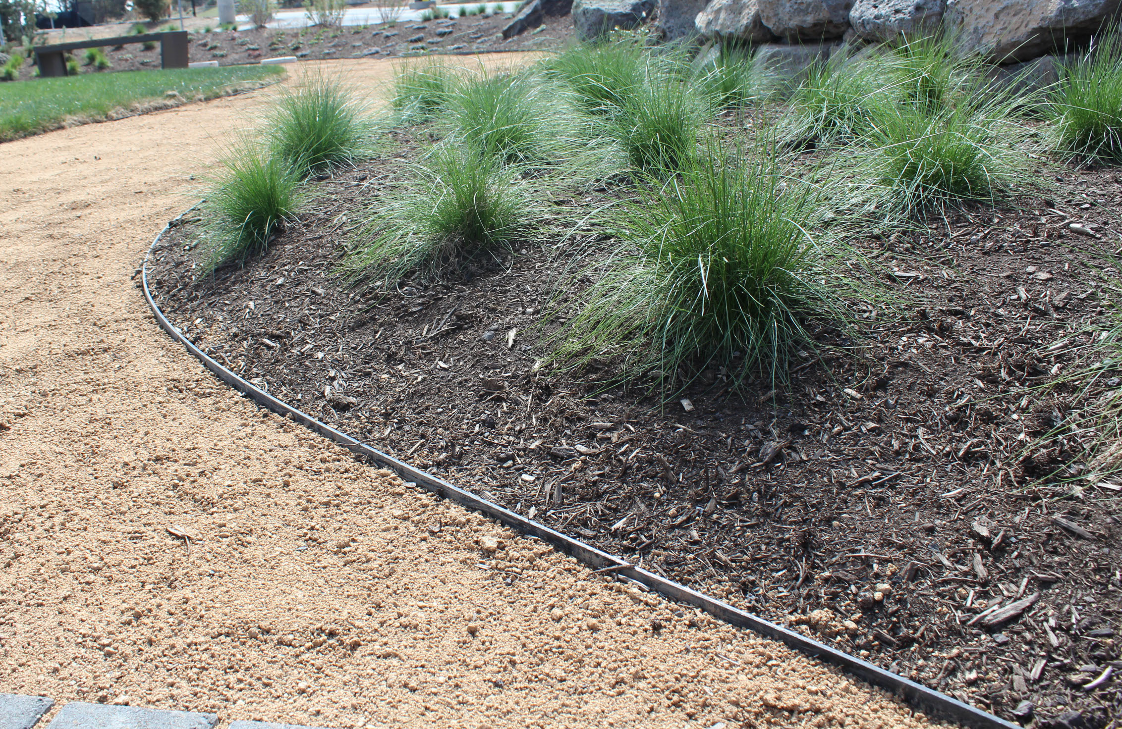 A crushed stone path curves through a garden area planted with bunch grasses