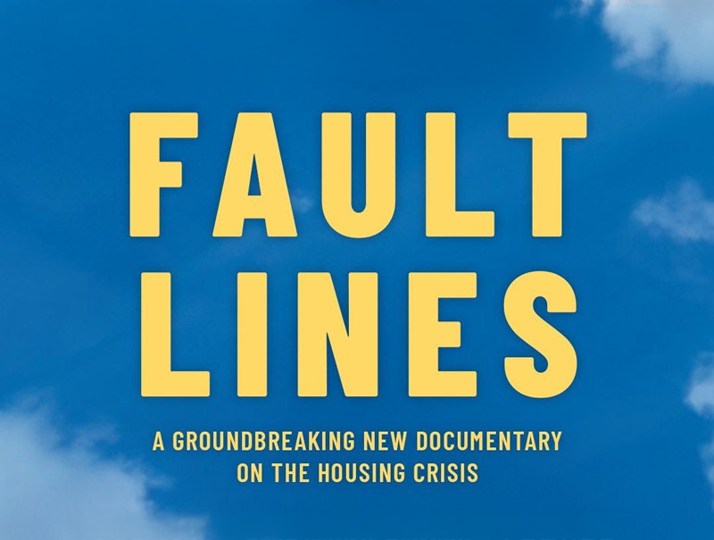 Yellow text with the Fault Lines title on a blue sky background with wispy clouds.