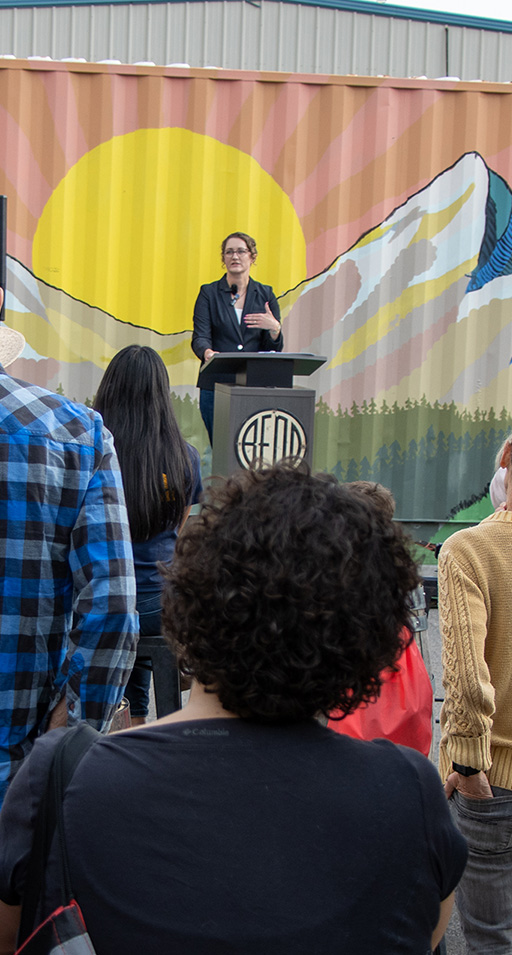 People watching Mayor Melanie Kebler speak at the 2024 CityFest event.