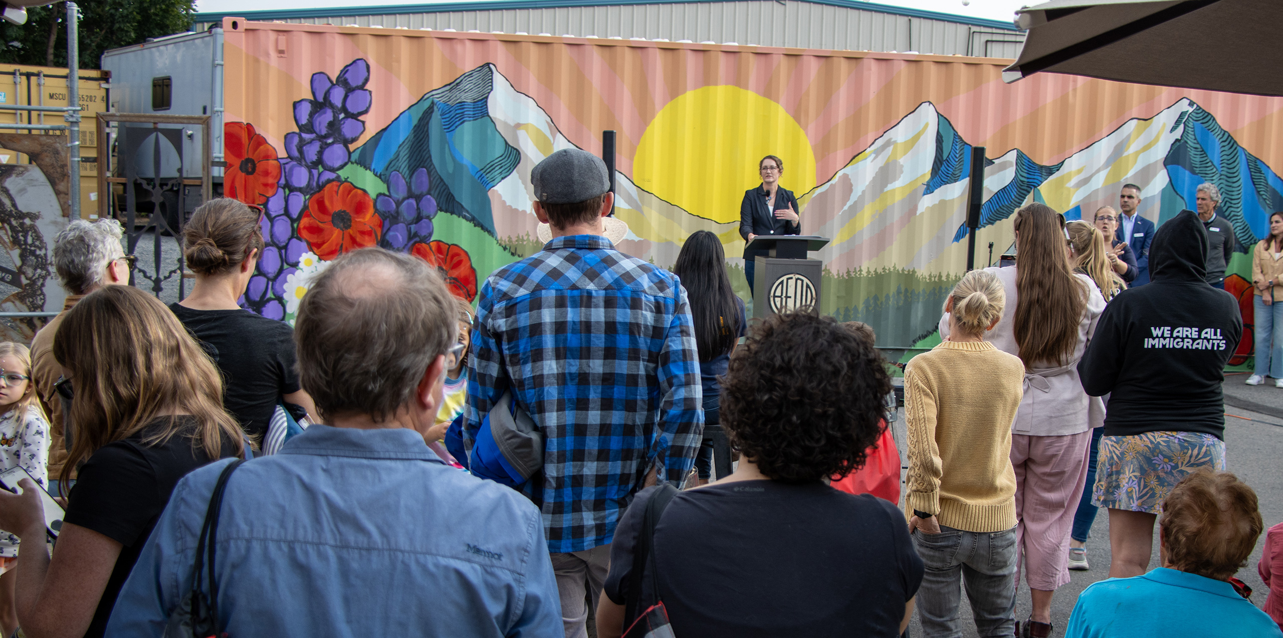 People watching Mayor Melanie Kebler speak at the 2024 CityFest event.