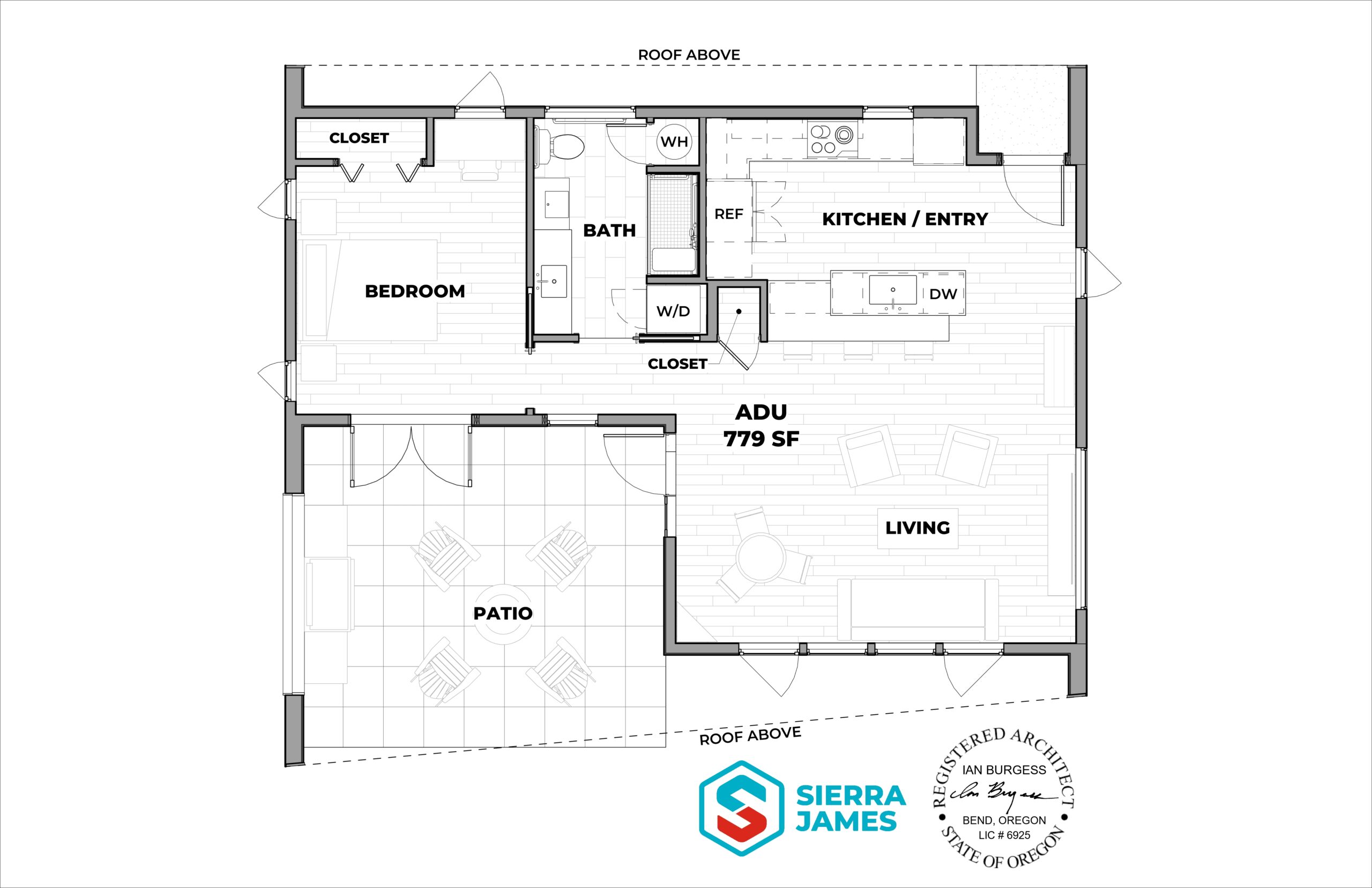 Rendering of a kitchen and living room area.