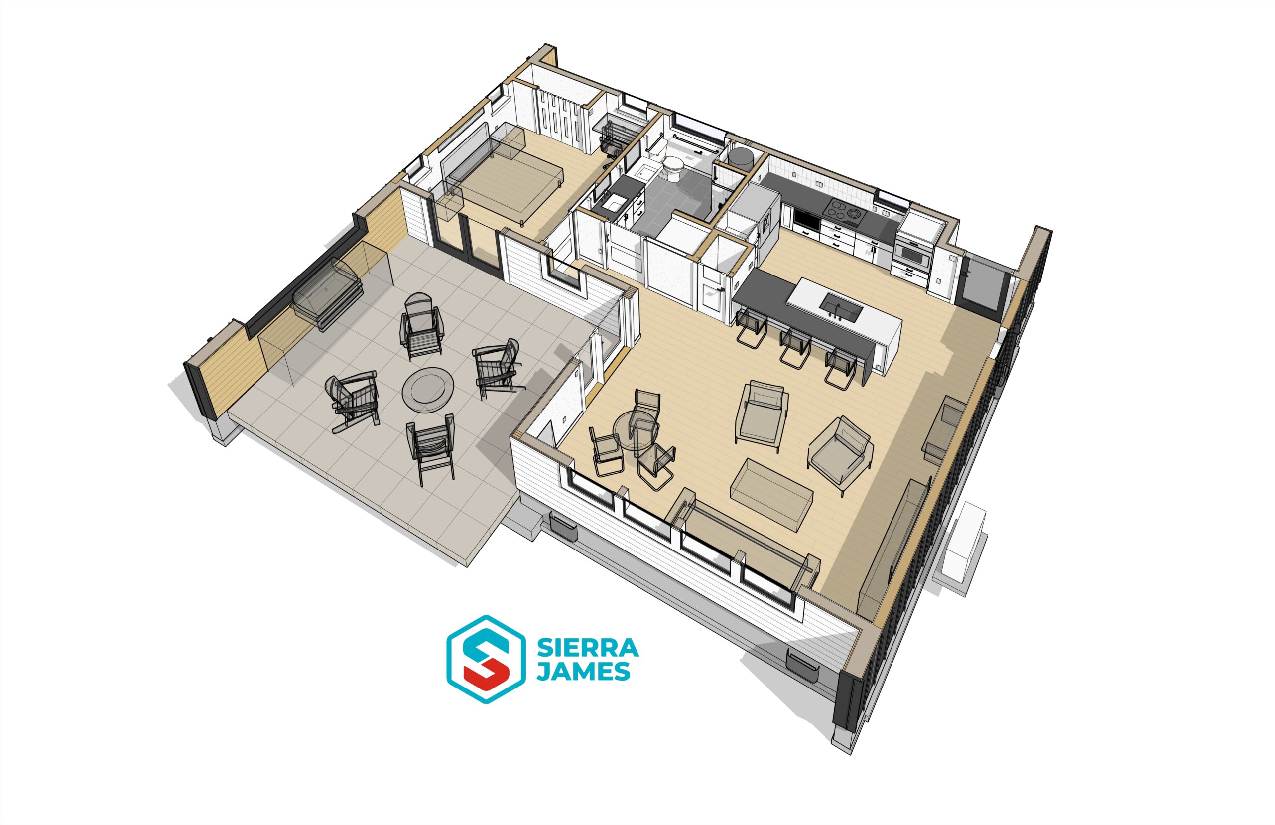 Rendering of a kitchen inside of an ADU.