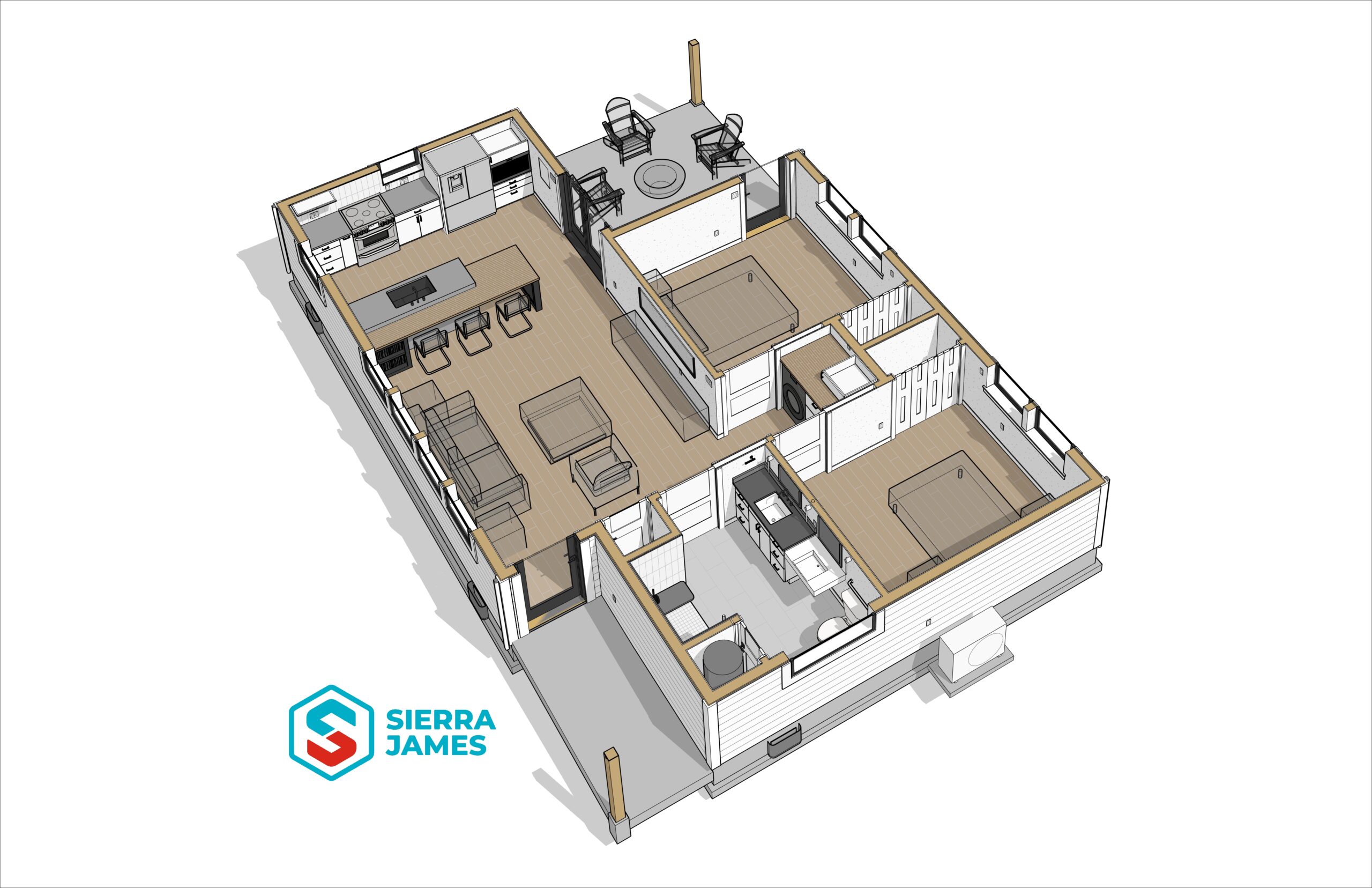 A rendering showing the interior of a bathroom and laundry space.