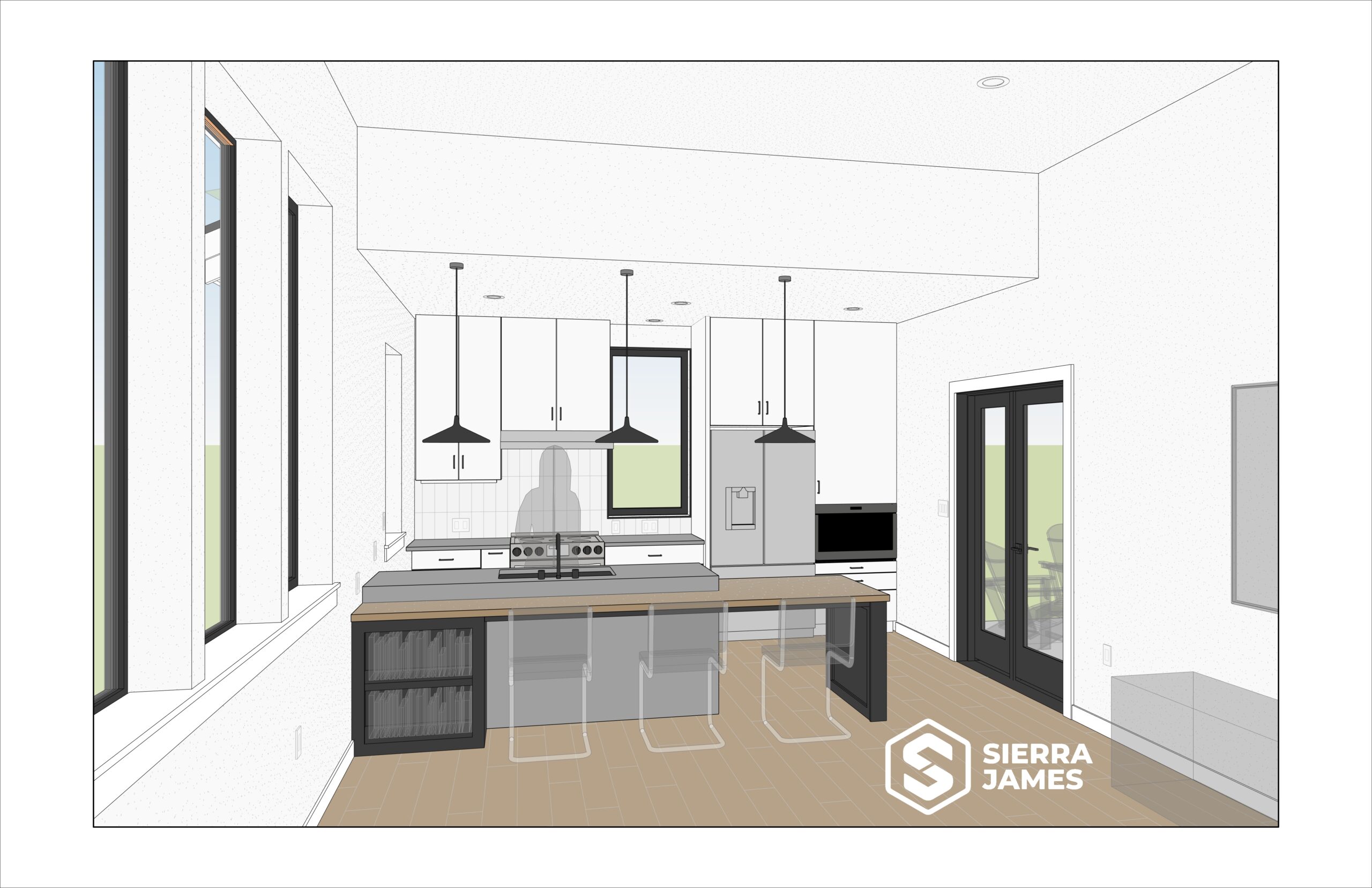 A rendering showing the kitchen and living area side by side.