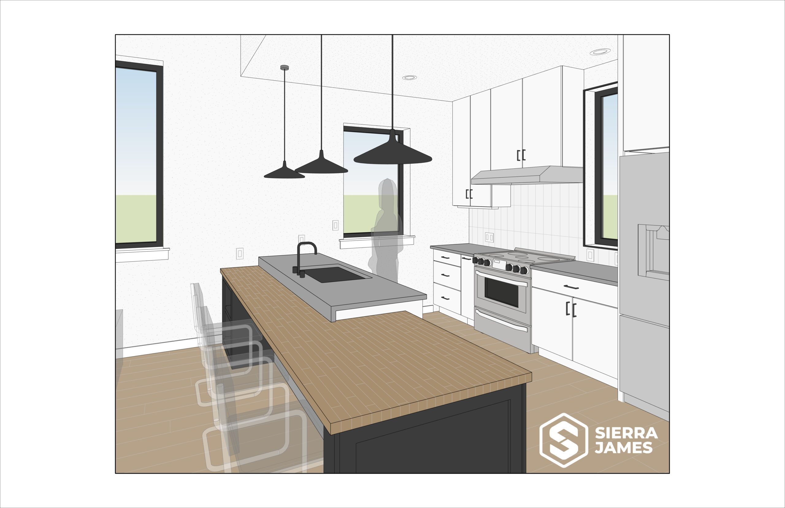 A rendering showing the kitchen area.