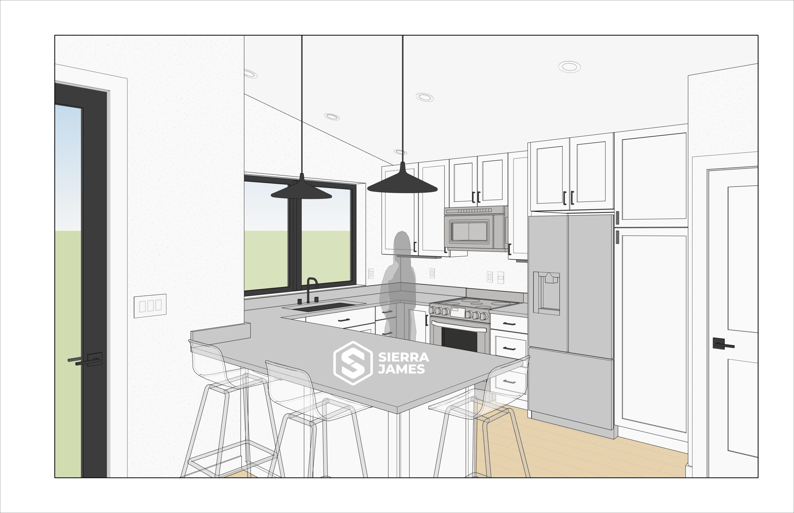 Rendering showing a kitchen area.