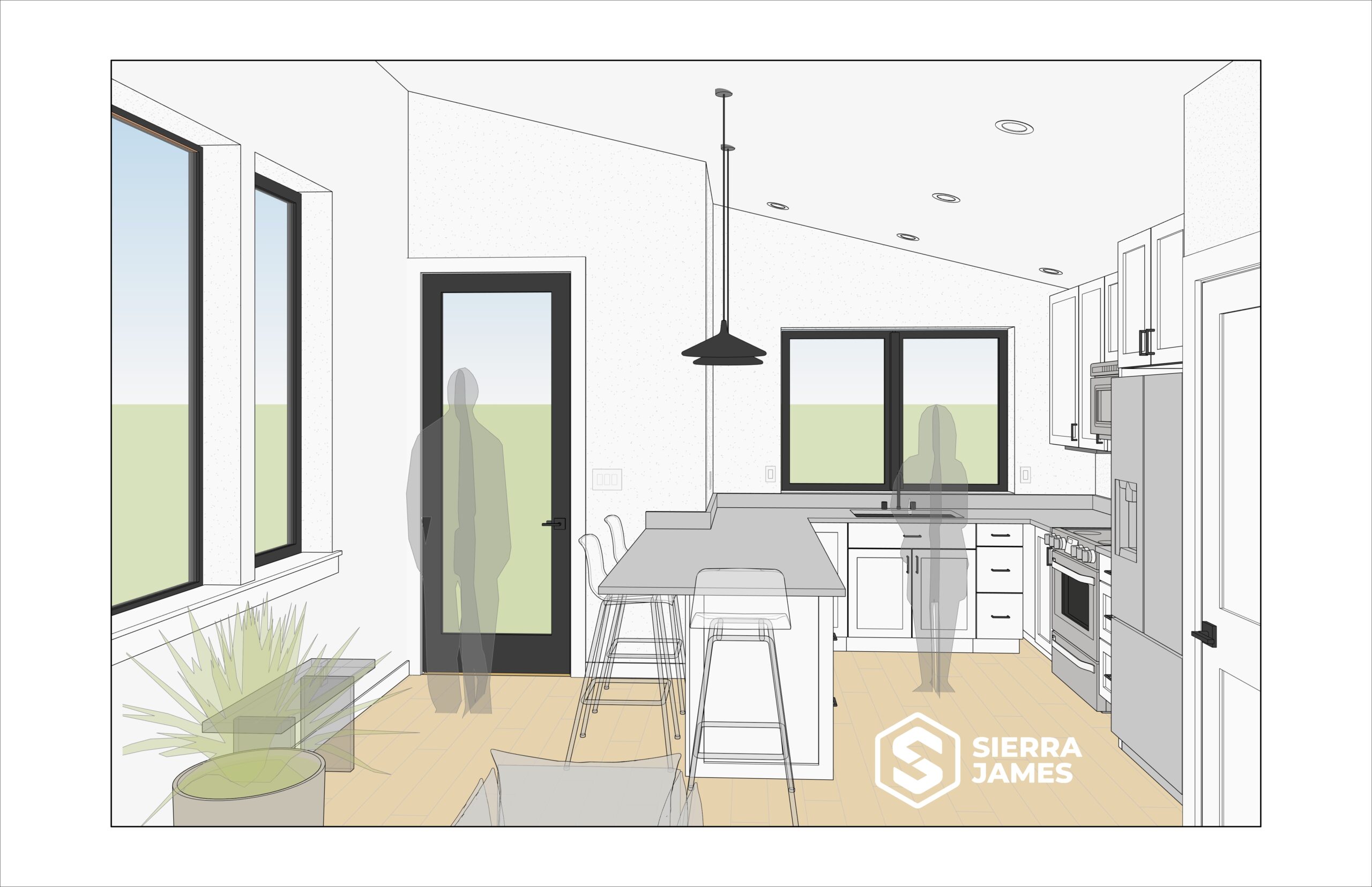 Rendering showing interior kitchen area.