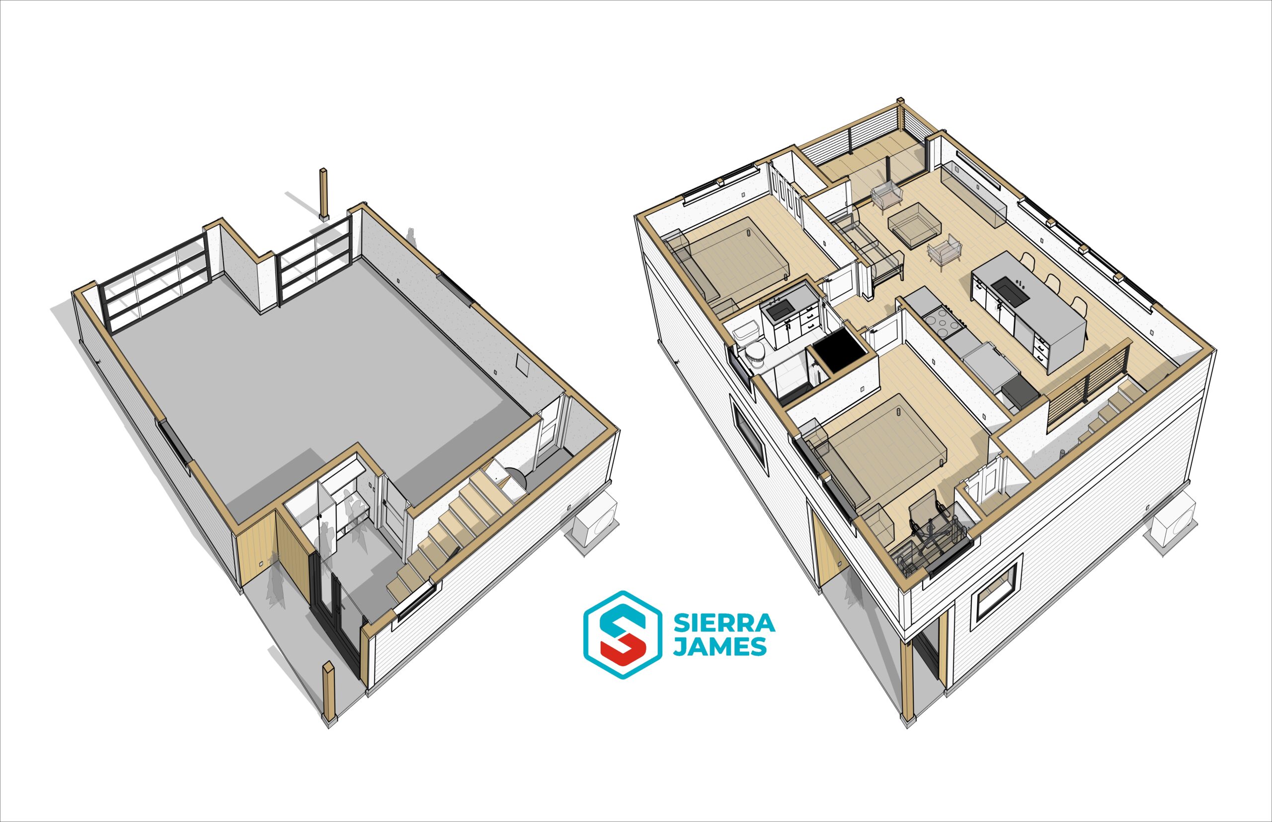 A 3D rendering that shows from an aerial view the floor plan for each level of the two-level unit