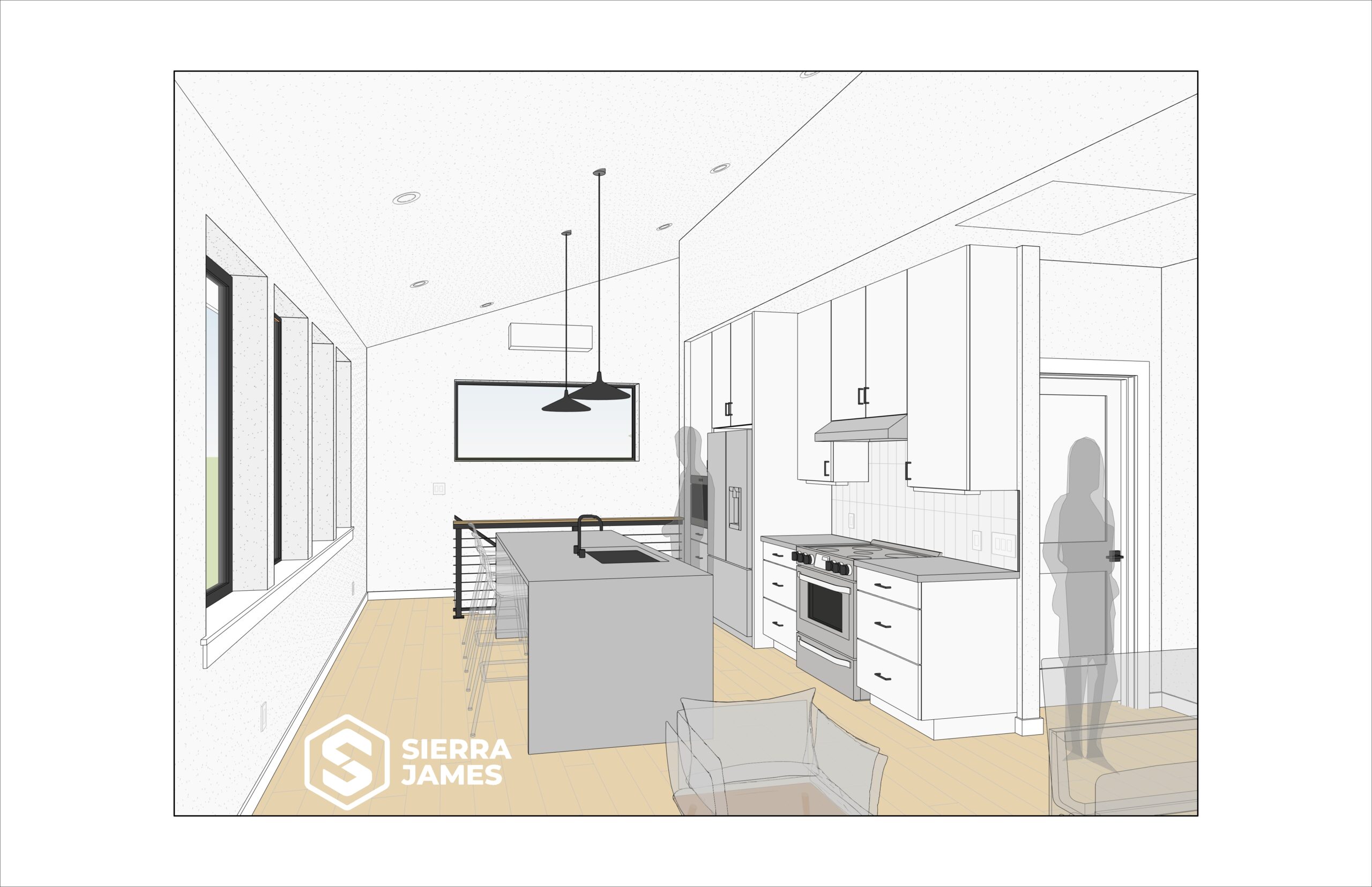 A rendering showing a kitchen area