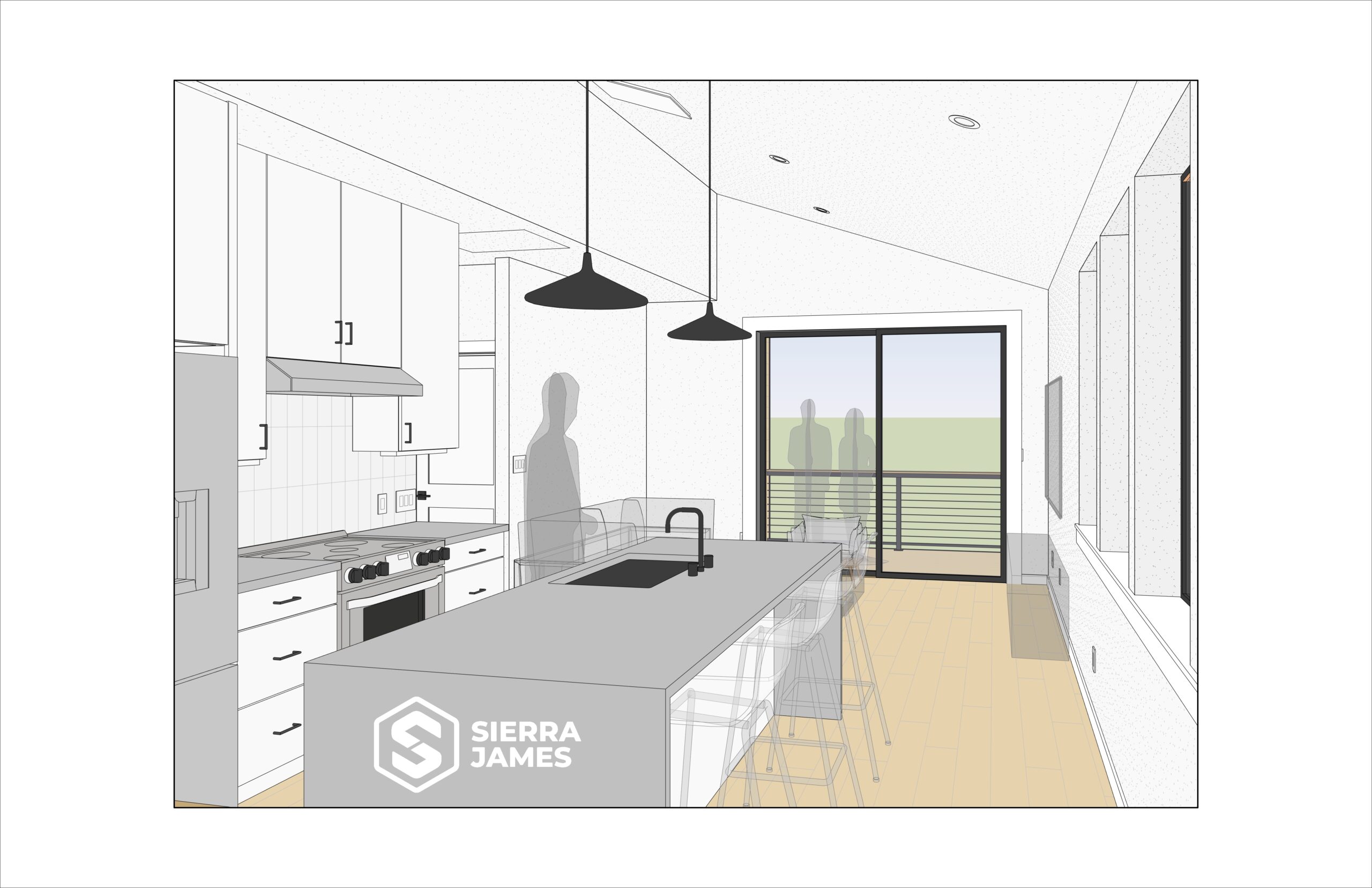 A rendering showing the interior of the ADU, including the kitchen area looking out over an outdoor patio.
