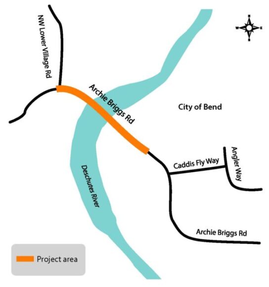 Archie Briggs Bridge Map shows roads crossing the Deschutes River