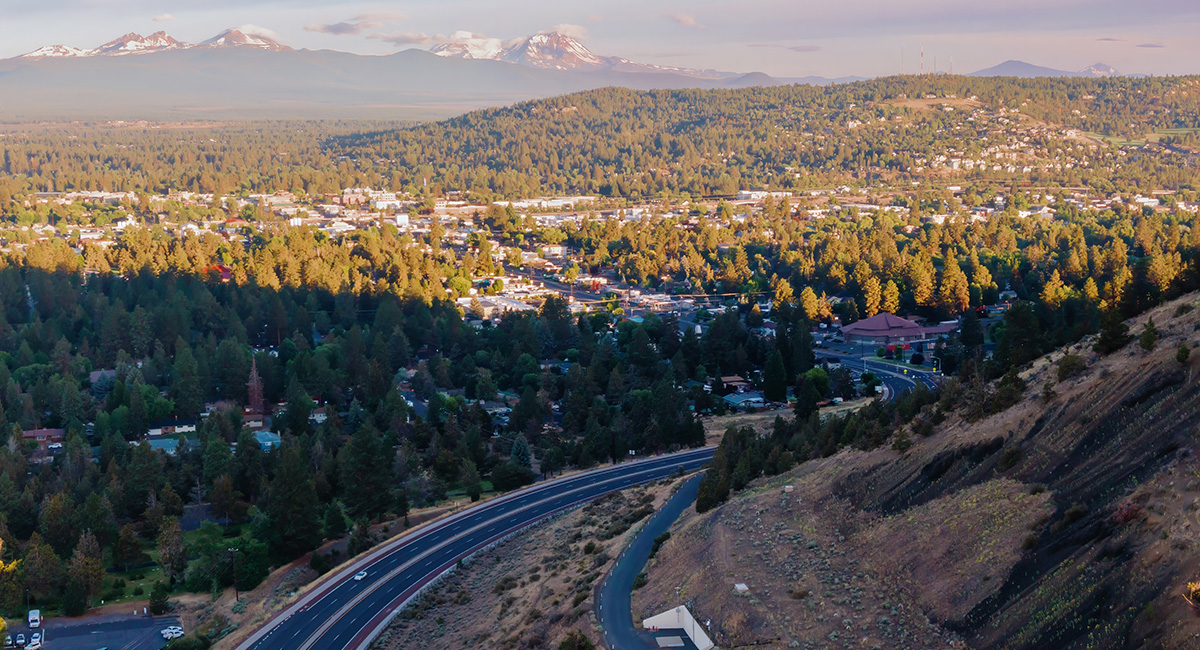Looking West from Pilot Butte. Buildings and streets.