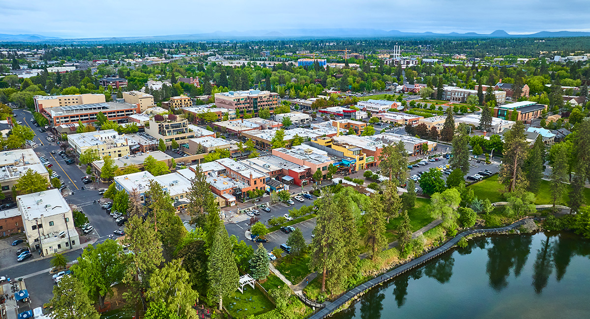 Downtown Bend looking east. Drone shot showing building and streets.