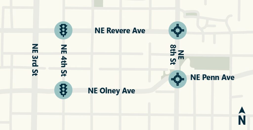 Olney and Revere intersection locations on map. Traffic signal icons on 4th street and roundabout icons on 8th street