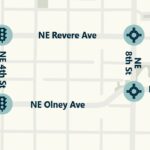 Olney and Revere intersection locations on map. Traffic signal icons on 4th street and roundabout icons on 8th street