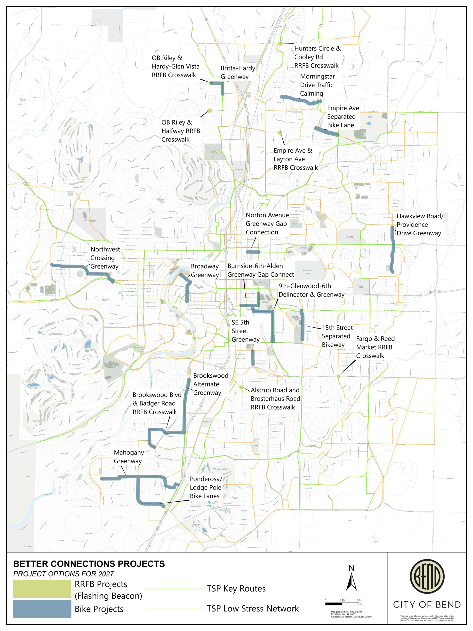Map showing bike and sidewalk projects all over Bend.