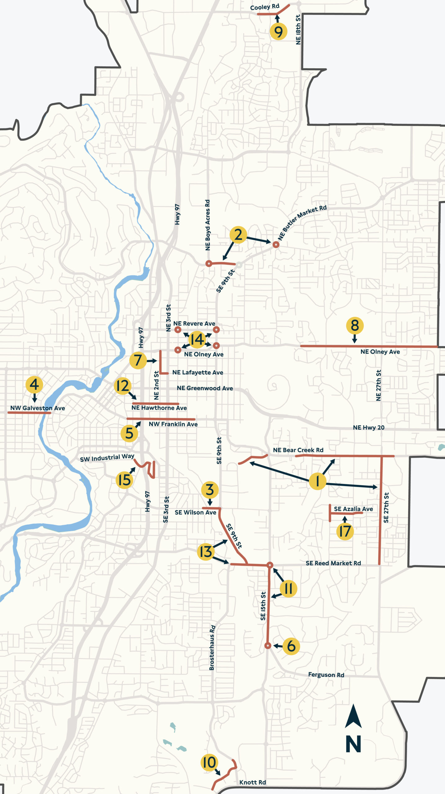 Map showing current and upcoming construction projects in Bend.