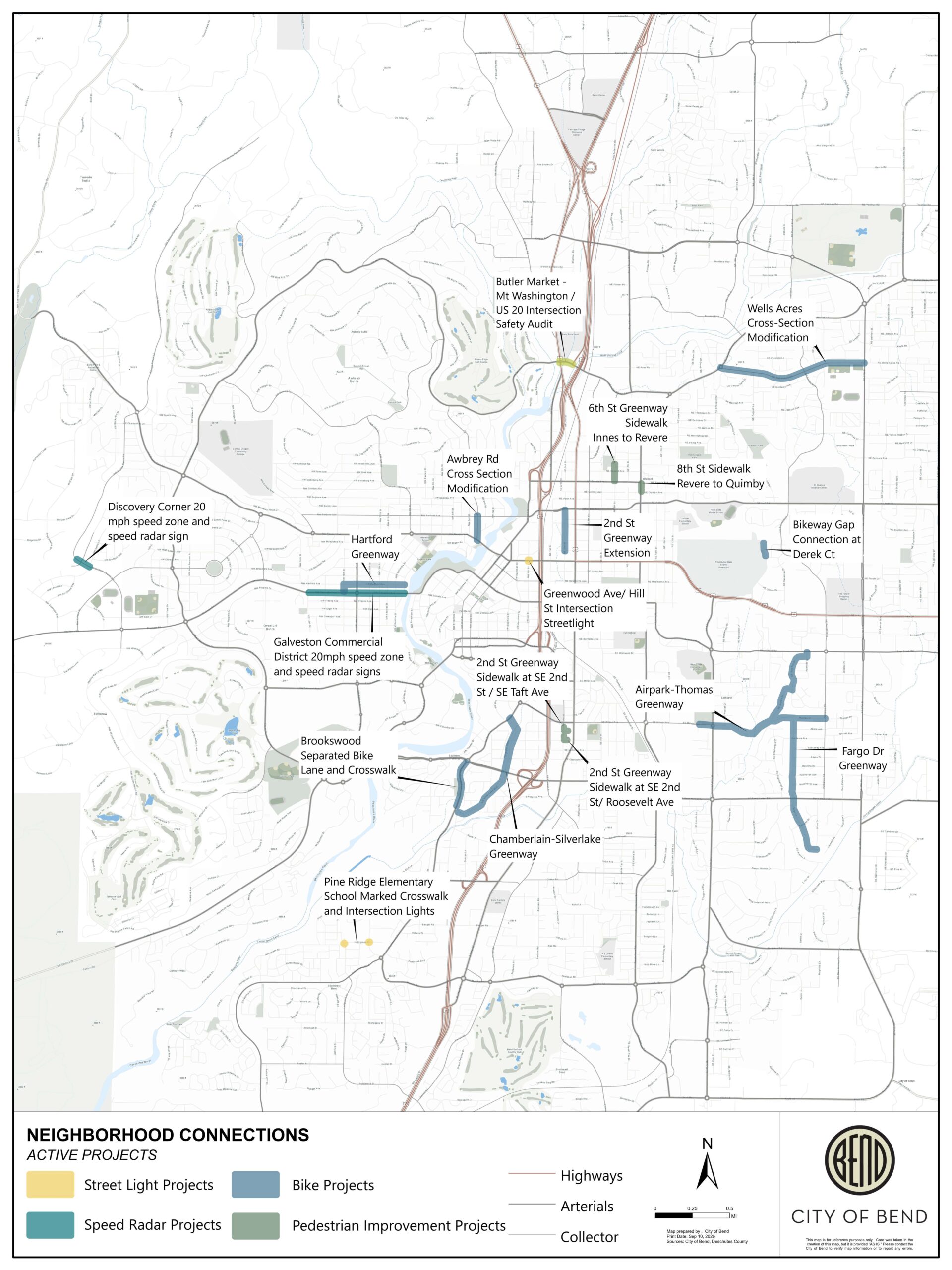 Map showing bike, pedestrian and speed reduction projects around Bend.
