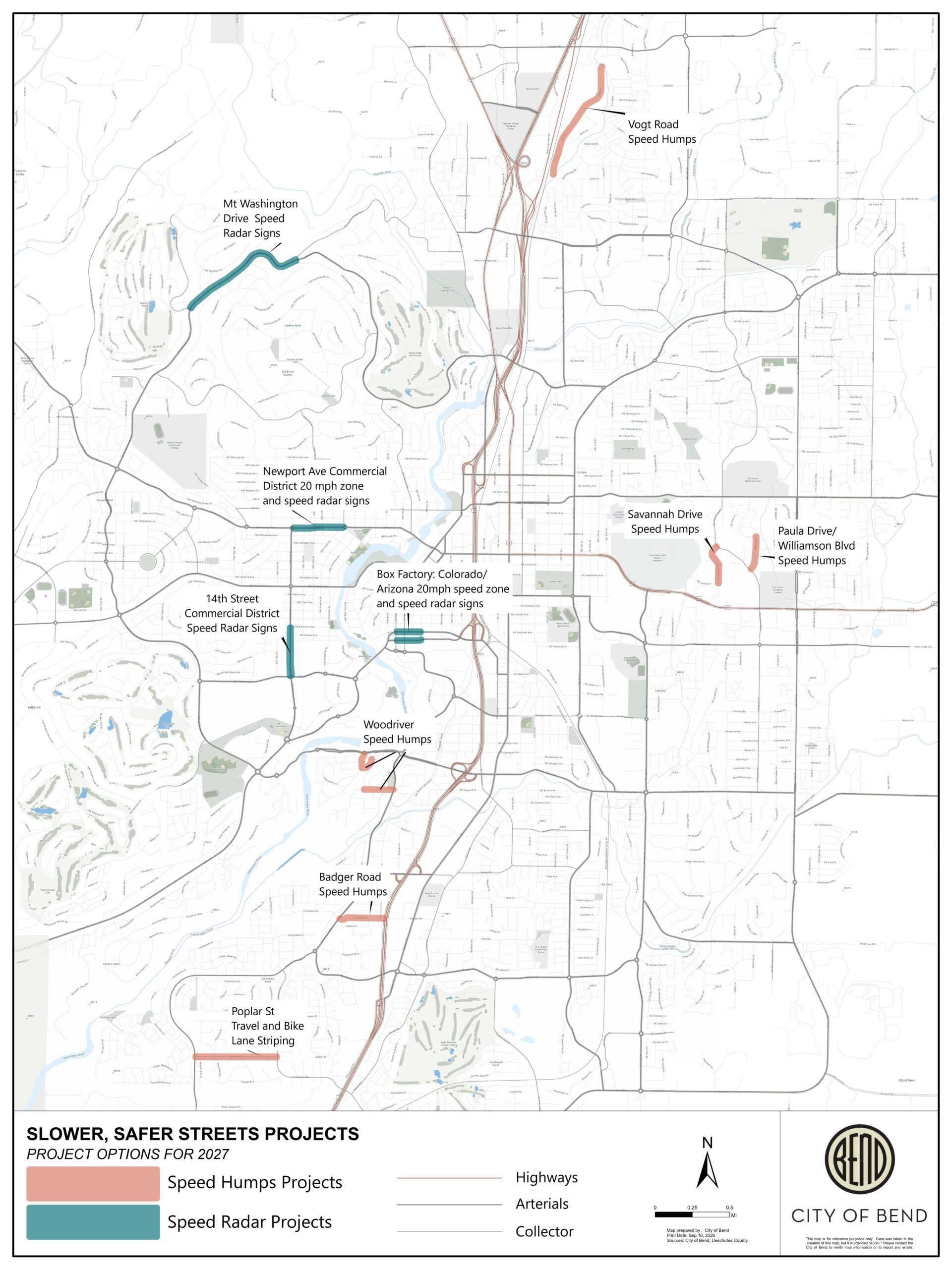 Map showing where speed humps and speed radars will go around Bend.