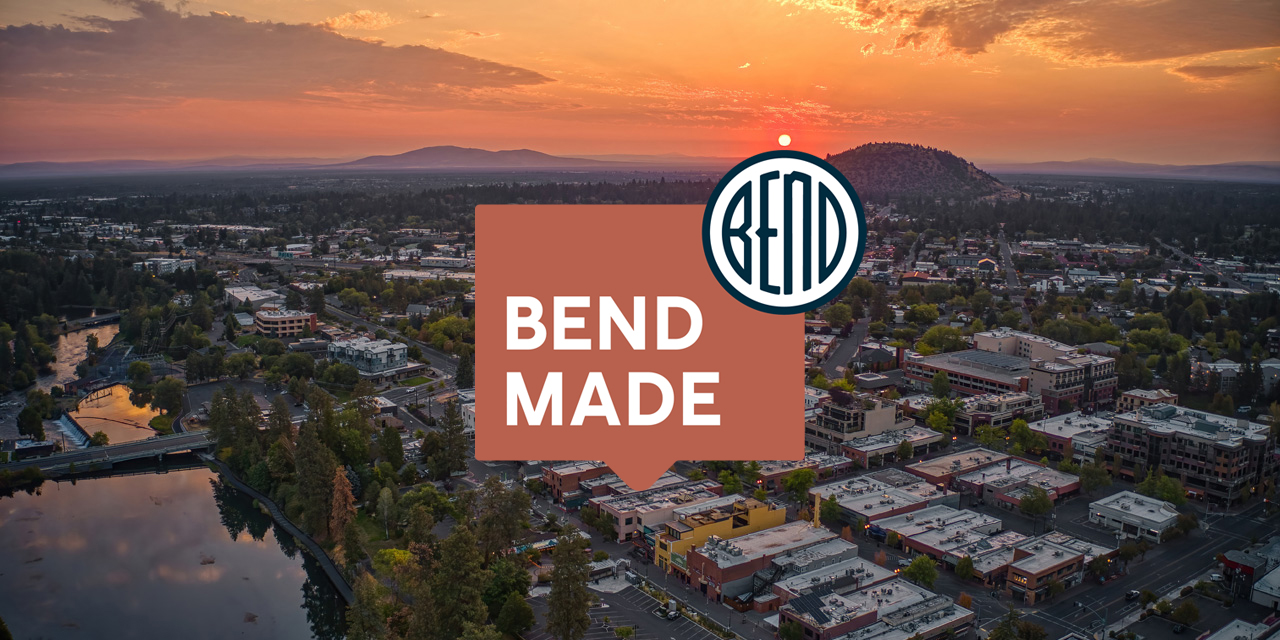 Bend Made logo overlaying an overhead image of Bend at sunrise.