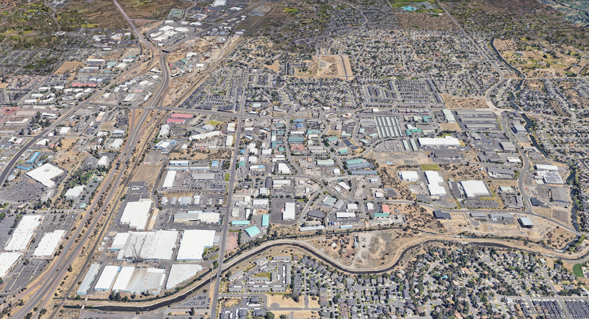 City of Bend via 3D satellite image, looking north.