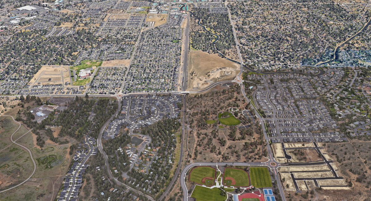 Southern are of the City of Bend viewed from a 3D satellite image.
