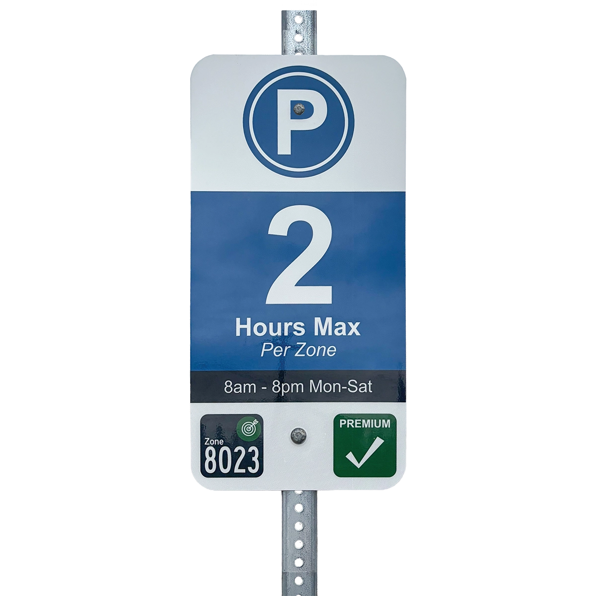 Bend street parking sign indicating a location where you can park free 2 hours max per zone, it is enforced 8 a.m. - 8 p.m. Mon-Sat. The parking zone is 8023 and is a Premium parking permit zone.