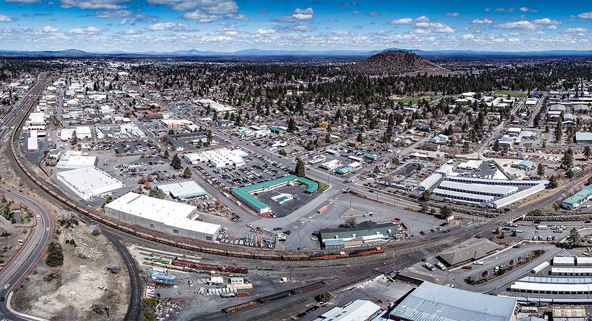 Bend's Core Area from overhead. Businesses and streets shown.