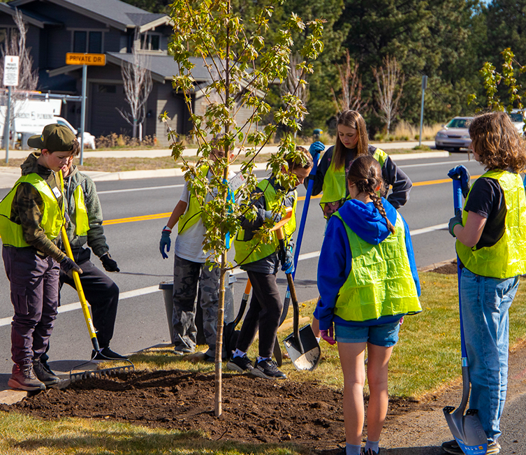 Group of kids planting a tree.